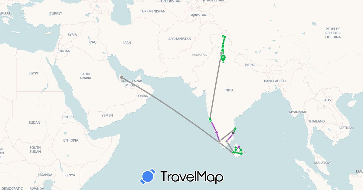 TravelMap itinerary: bus, plane, train, motorbike in India, Sri Lanka, Qatar (Asia)